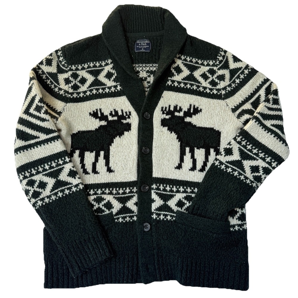 90s‎ Y2K Abercrombie & Fitch Size Medium Wool Moose Fair Isle Cardigan Sweater